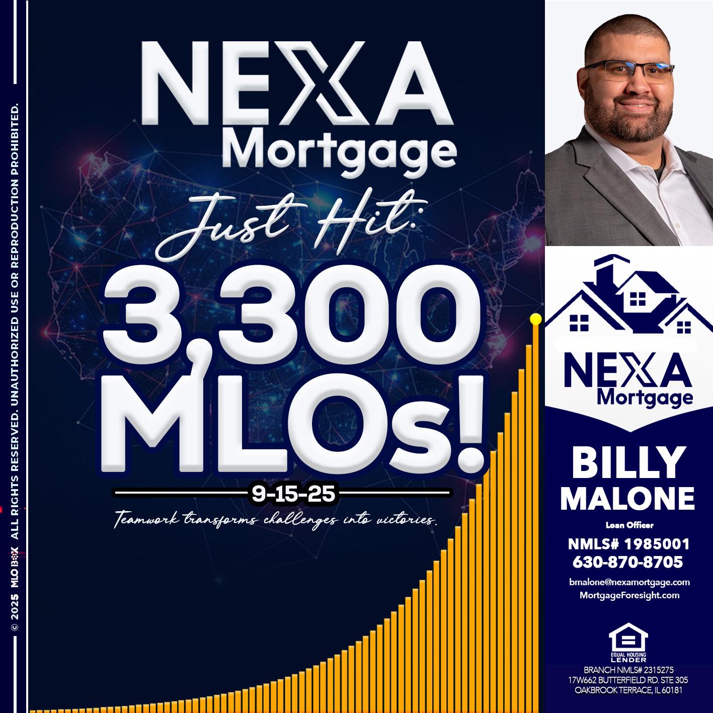 NEXA JUST HIT 3300 MLOS - Billy Malone -Loan Officer