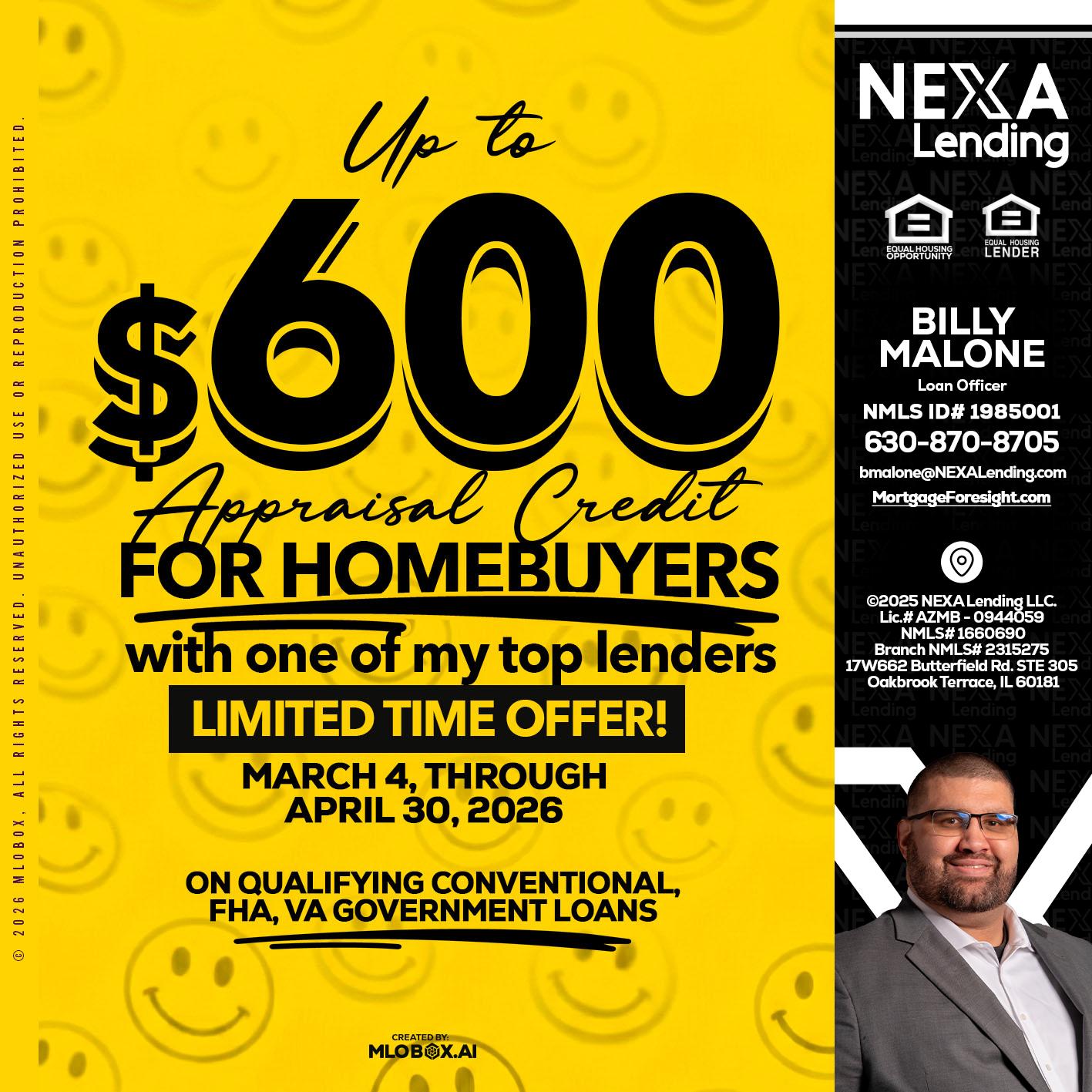 UP TO 600 - Billy Malone -Loan Officer